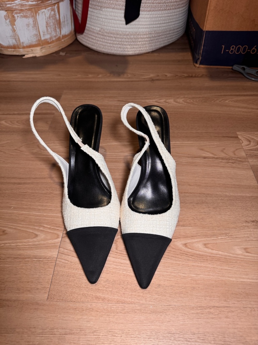 Two-Tone Slingback Pointed Heels in Black and Cream - Picture 2 of 3